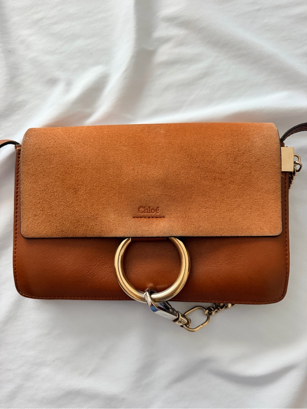 Chloé Faye Small Shoulder Bag-Cognac Leather & Suede
